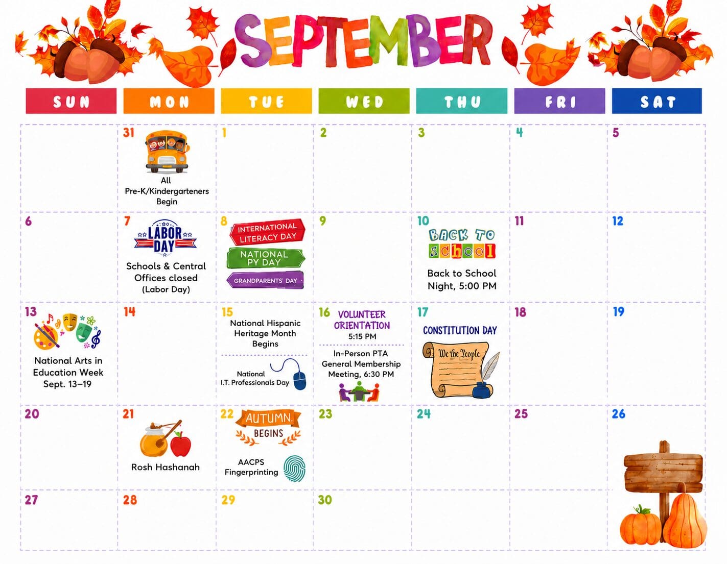 PTA Calendar September 2026